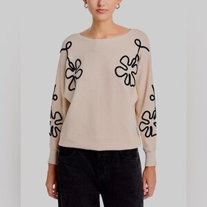 Aaeda Cream Knit Sweater Black Abstract Floral Detail Soft Minimalist XS